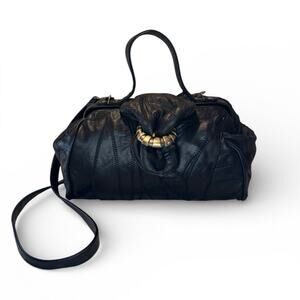 Vintage Black Leather Patchwork Satchel Bag Brass Clasp Crossbody Convertible